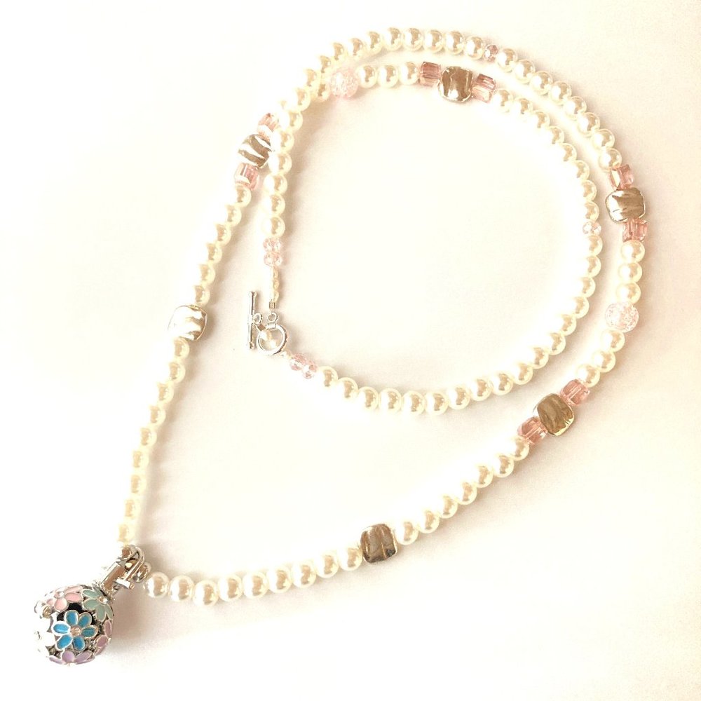 Long Pearls Necklace Crystal Beads Silver Plated